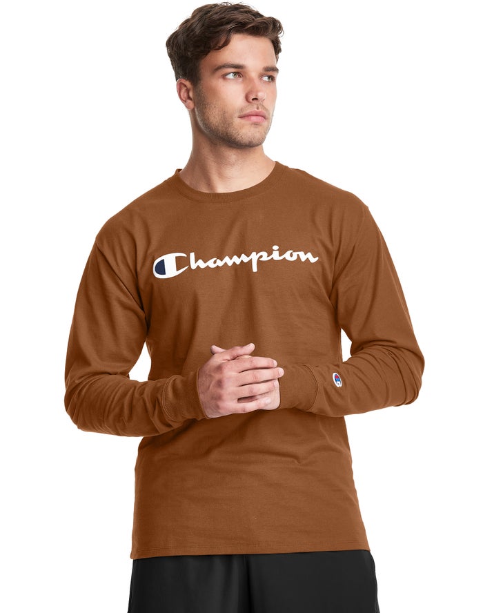 Champion Classic Long-Sleeve Script Logo - Miesten Ruskea T-Paita - Suomi 2485713-NU